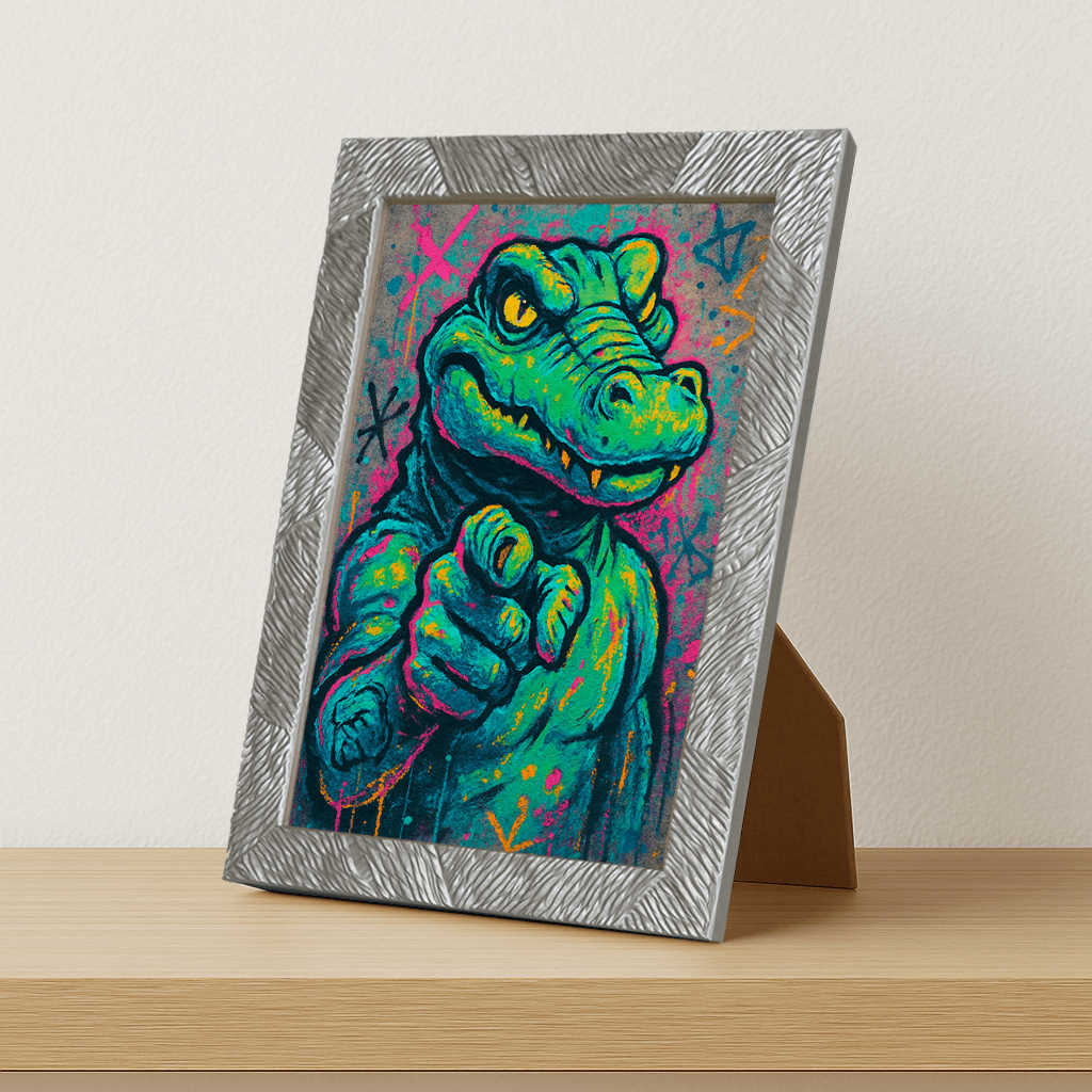 Coccodrillo I want you stampato su forex, cornice portafoto argento, misura 21x29.7