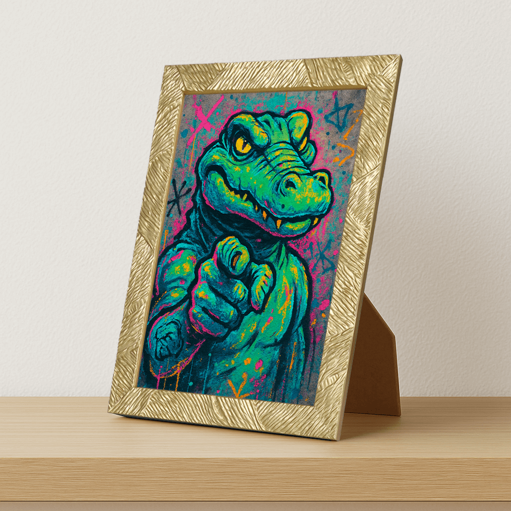 Coccodrillo I want you stampato su forex, cornice portafoto oro, misura 21x29.7