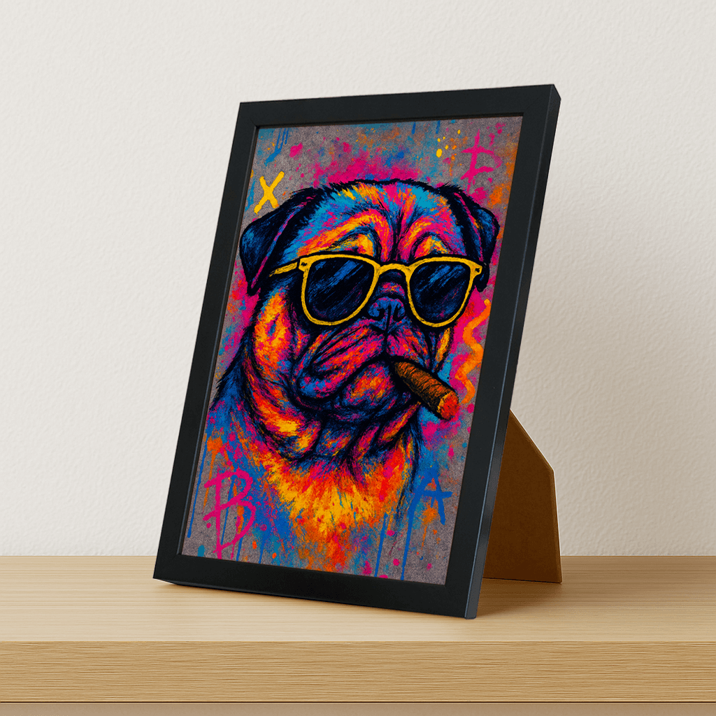 Carlino con sigaro stampato su forex, cornice portafoto nero, misura 21x29.7