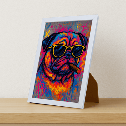 Carlino con sigaro stampato su forex, cornice portafoto bianco, misura 21x29.7