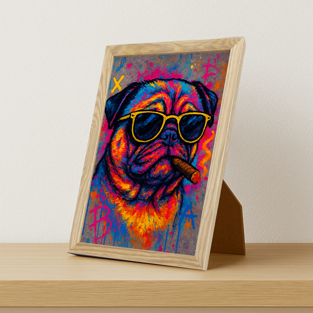 Carlino con sigaro stampato su forex, cornice portafoto legno, misura 21x29.7