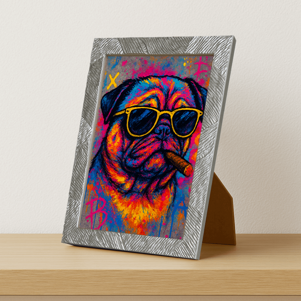 Carlino con sigaro stampato su forex, cornice portafoto argento, misura 21x29.7