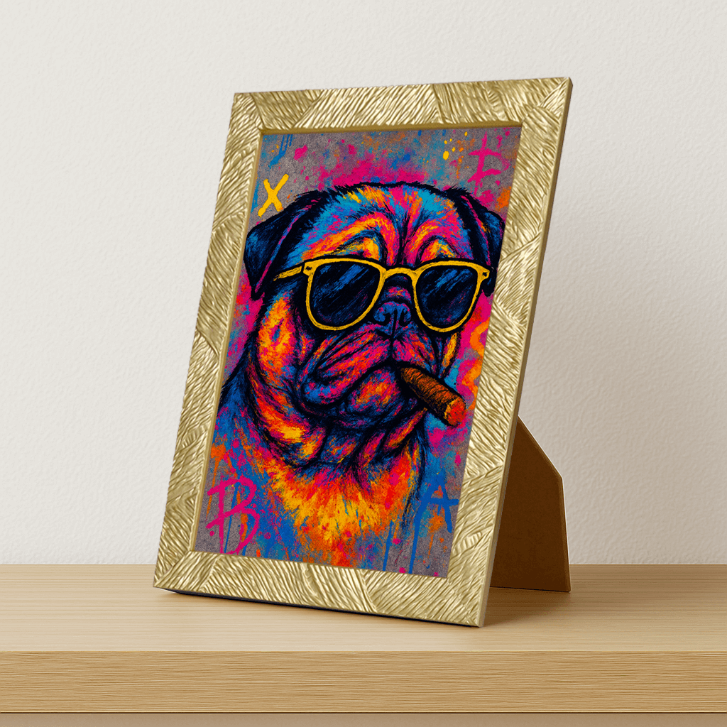 Carlino con sigaro stampato su forex, cornice portafoto oro, misura 21x29.7