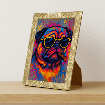 Carlino con sigaro stampato su forex, cornice portafoto oro, misura 21x29.7