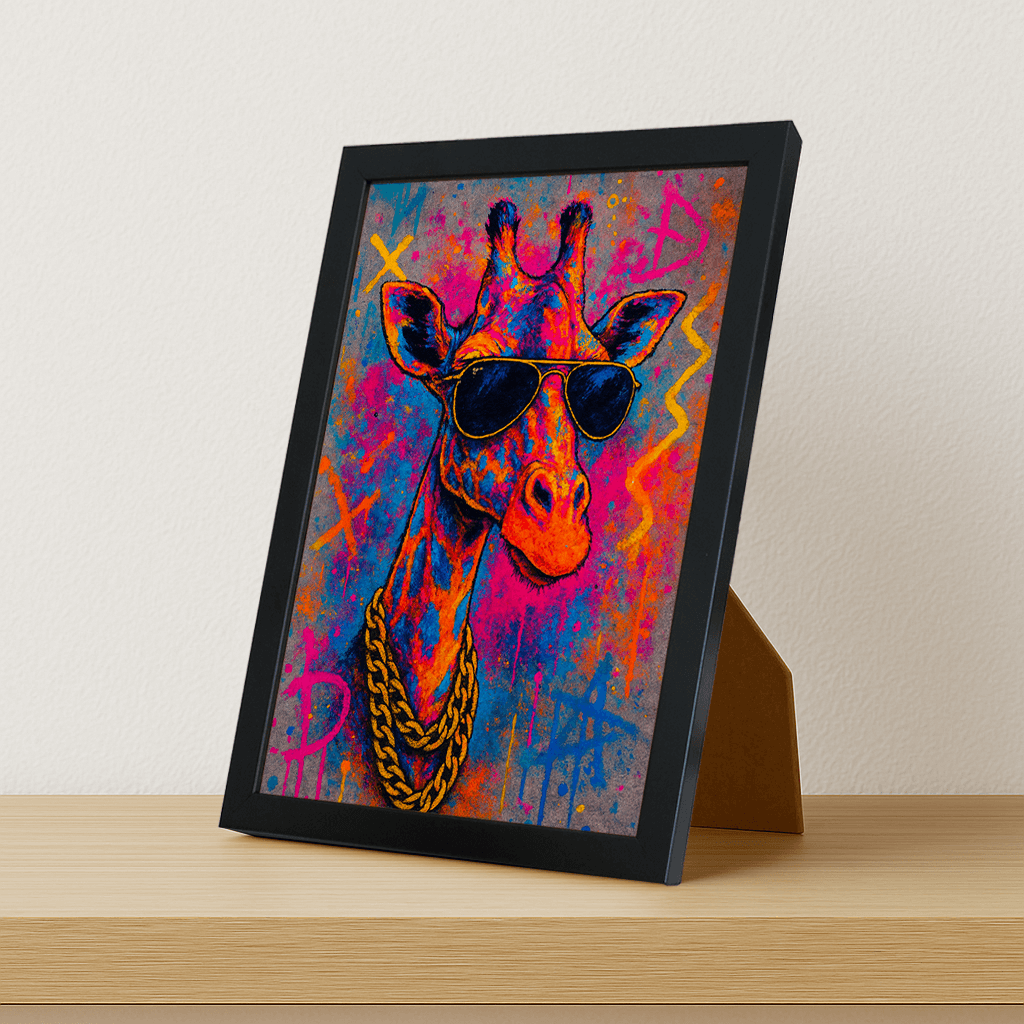 Giraffa Bro stampato su forex, cornice portafoto nero, misura 21x29.7