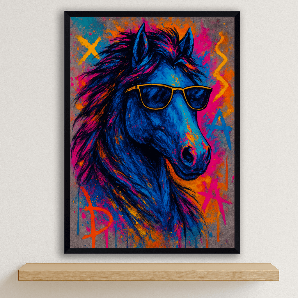 Cavallo Rock stampato su forex, cornice nero, disponibile in 30x40, 40x50 e 50x70 cm