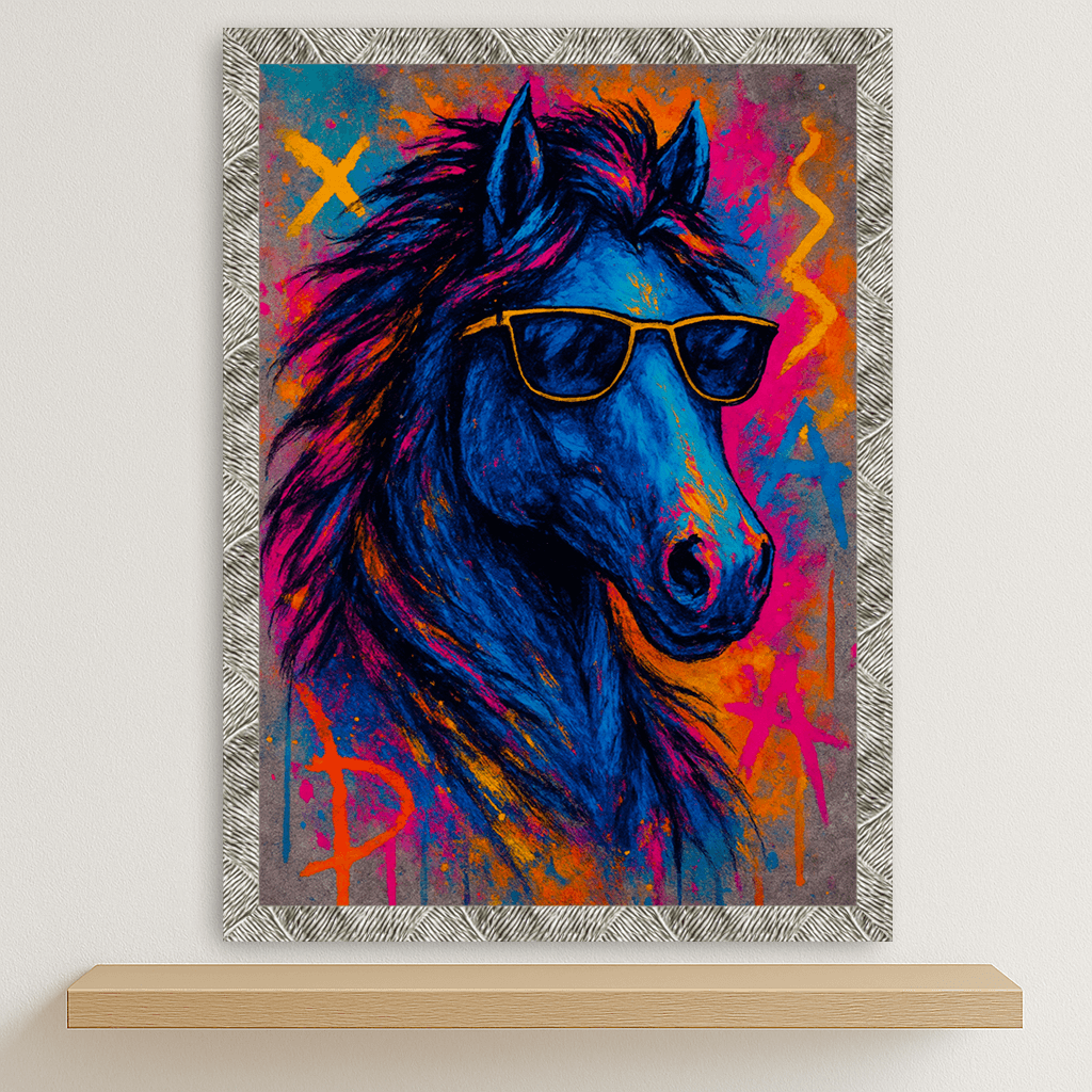 Cavallo Rock stampato su forex, cornice argento, disponibile in 30x40, 40x50 e 50x70 cm