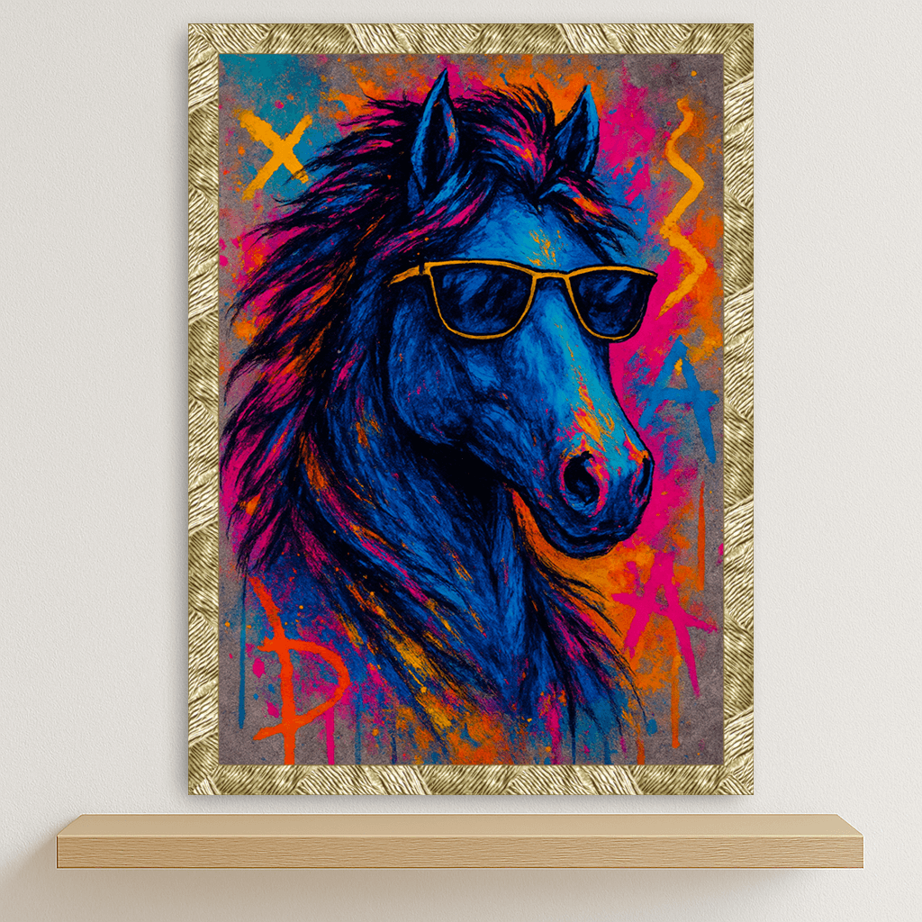 Cavallo Rock stampato su forex, cornice oro, disponibile in 30x40, 40x50 e 50x70 cm