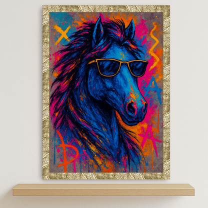 Cavallo Rock stampato su forex, cornice oro, disponibile in 30x40, 40x50 e 50x70 cm