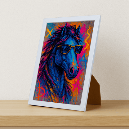 Cavallo Rock stampato su forex, cornice portafoto bianco, misura 21x29.7