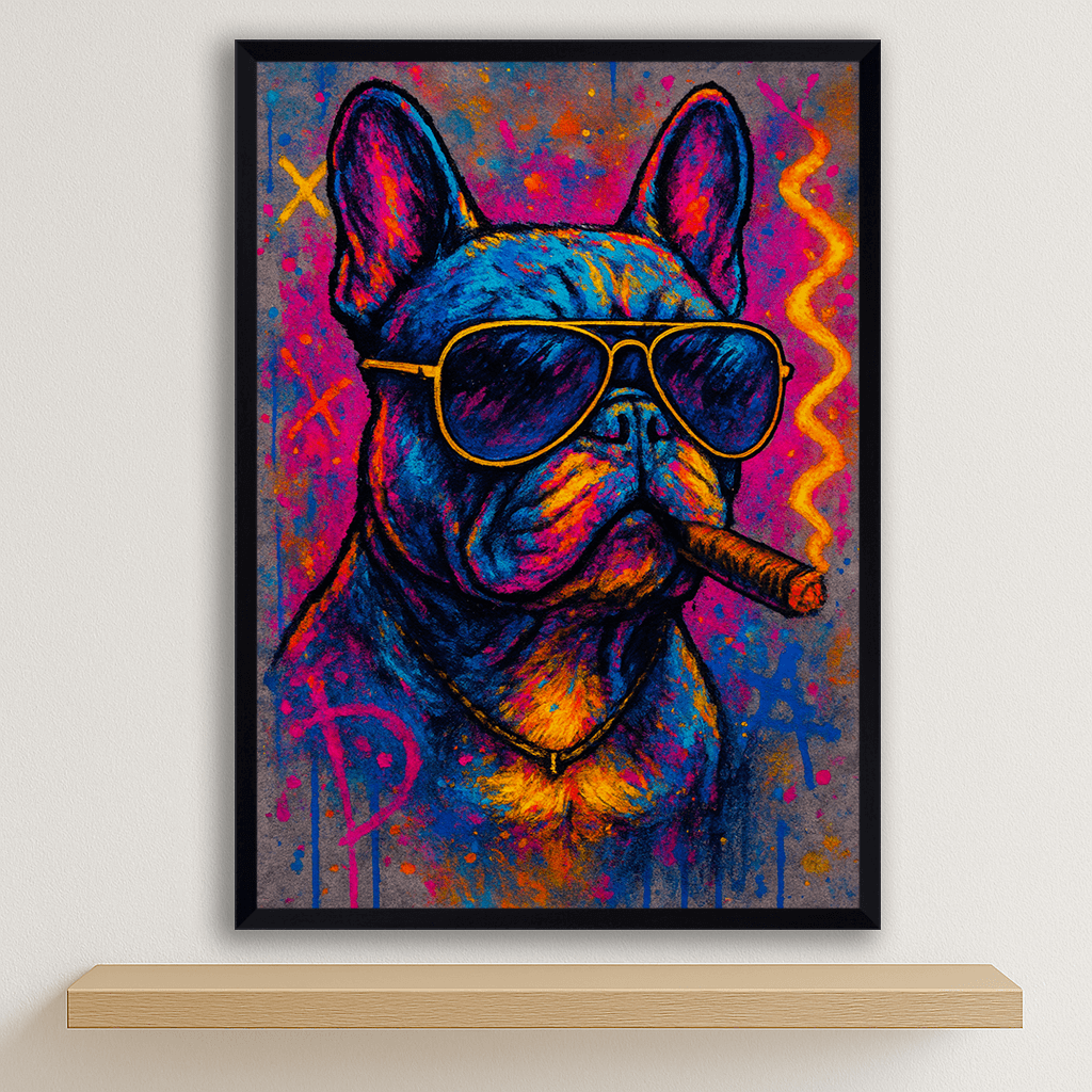 Bulldog con sigaro stampato su forex, cornice nero, disponibile in 30x40, 40x50 e 50x70 cm