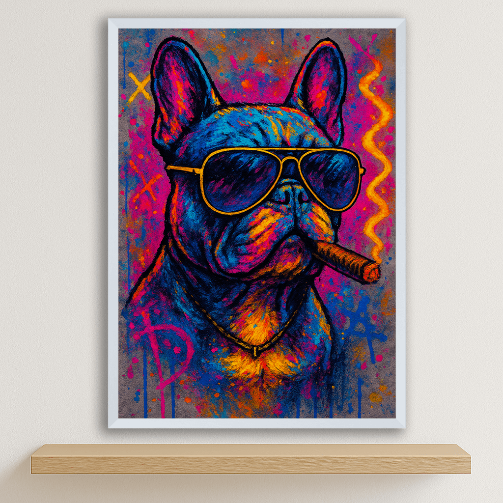 Bulldog con sigaro stampato su forex, cornice bianco, disponibile in 30x40, 40x50 e 50x70 cm