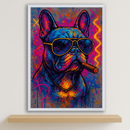 Bulldog con sigaro stampato su forex, cornice bianco, disponibile in 30x40, 40x50 e 50x70 cm