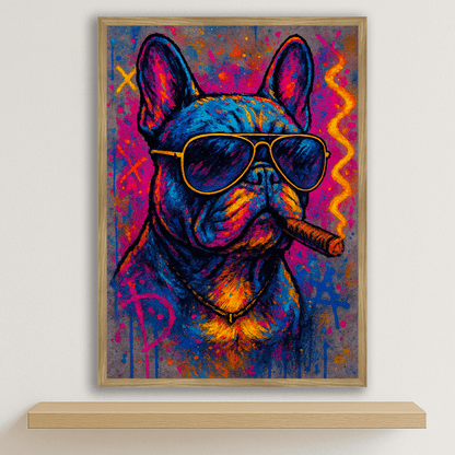 Bulldog con sigaro stampato su forex, cornice legno, disponibile in 30x40, 40x50 e 50x70 cm