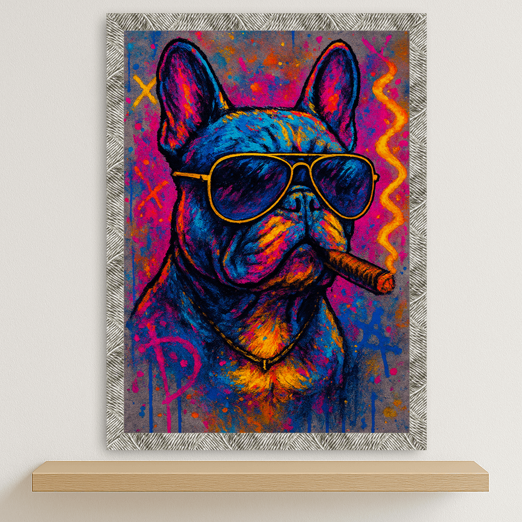 Bulldog con sigaro stampato su forex, cornice argento, disponibile in 30x40, 40x50 e 50x70 cm
