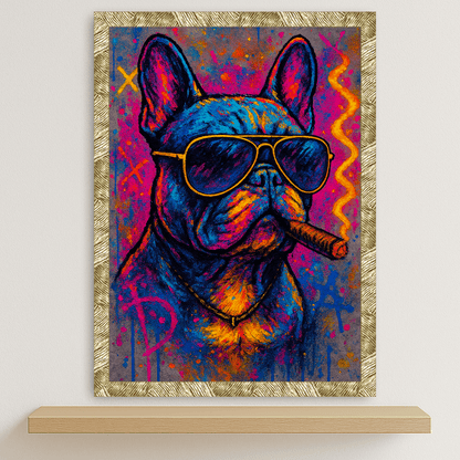 Bulldog con sigaro stampato su forex, cornice oro, disponibile in 30x40, 40x50 e 50x70 cm
