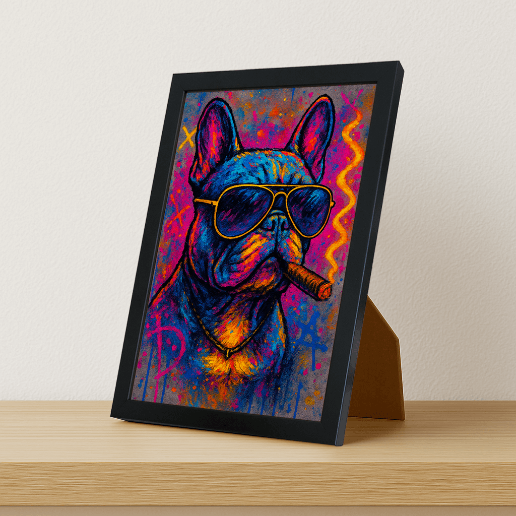 Bulldog con sigaro stampato su forex, cornice portafoto nero, misura 21x29.7