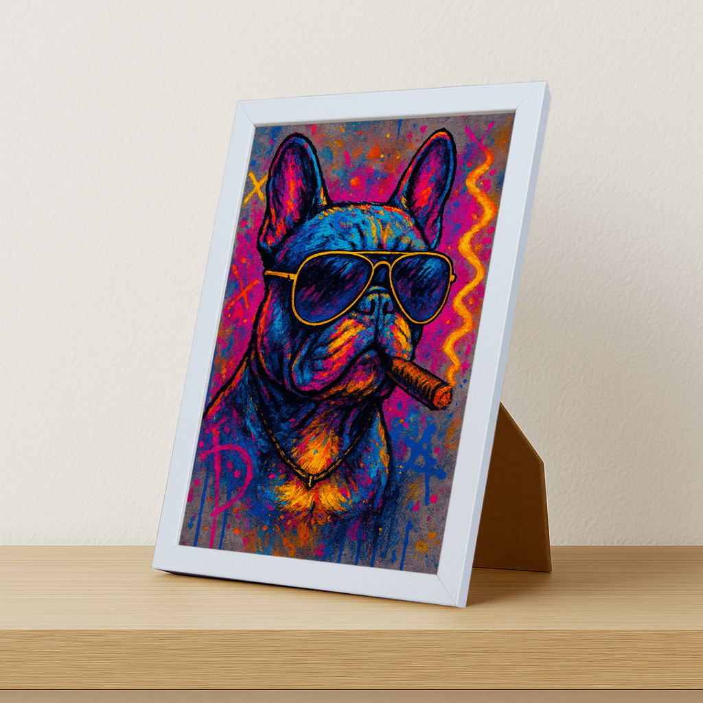 Bulldog con sigaro stampato su forex, cornice portafoto bianco, misura 21x29.7