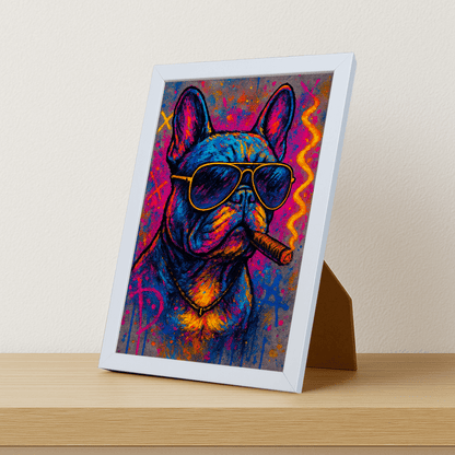Bulldog con sigaro stampato su forex, cornice portafoto bianco, misura 21x29.7