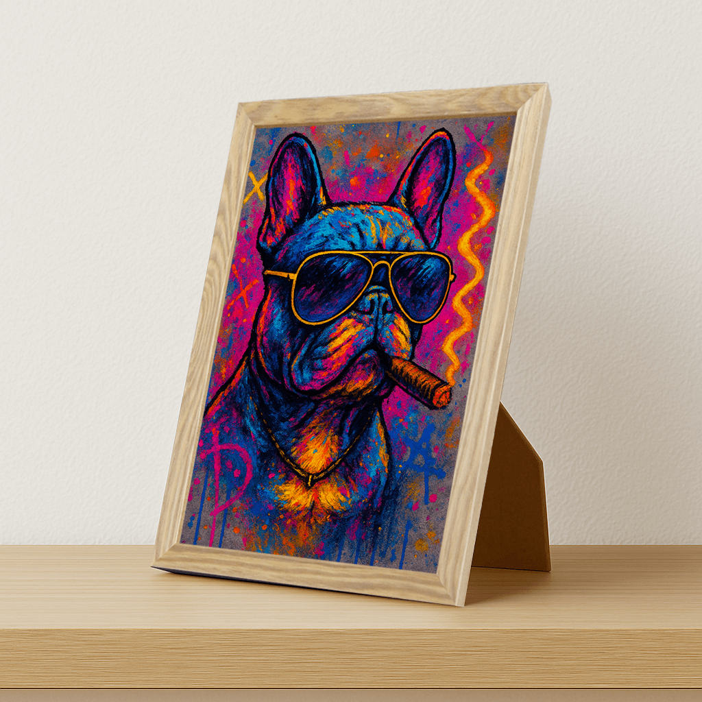Bulldog con sigaro stampato su forex, cornice portafoto legno, misura 21x29.7