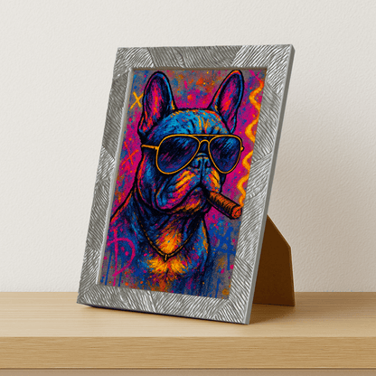 Bulldog con sigaro stampato su forex, cornice portafoto argento, misura 21x29.7
