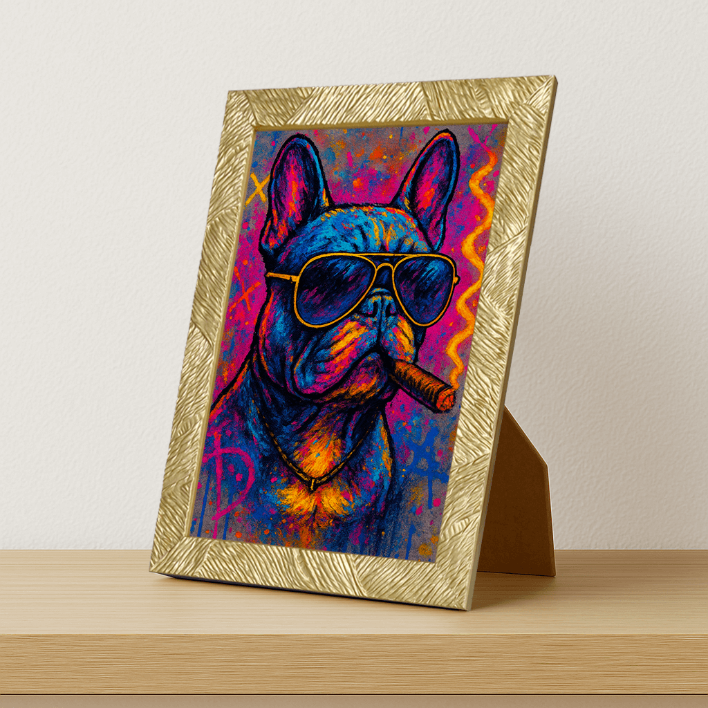 Bulldog con sigaro stampato su forex, cornice portafoto oro, misura 21x29.7