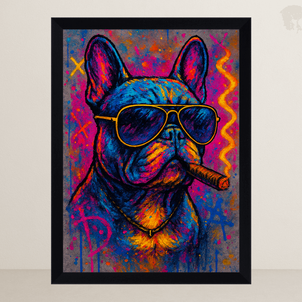 Bulldog con sigaro stampato su forex, cornice FSC, disponibile in varie misure