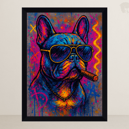Bulldog con sigaro stampato su forex, cornice FSC, disponibile in varie misure