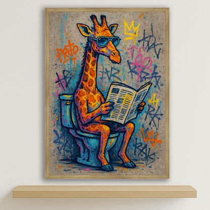 Giraffa WC stampato su forex, cornice legno, disponibile in 30x40, 40x50 e 50x70 cm