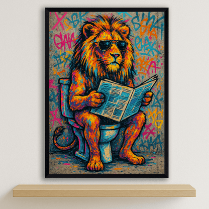 Leone WC stampato su forex, cornice nero, disponibile in 30x40, 40x50 e 50x70 cm