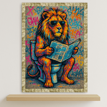 Leone WC stampato su forex, cornice oro, disponibile in 30x40, 40x50 e 50x70 cm