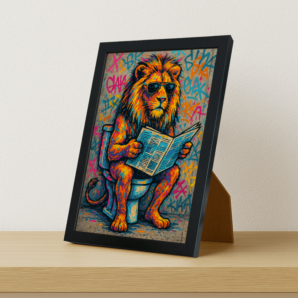 Leone WC stampato su forex, cornice portafoto nero, misura 21x29.7