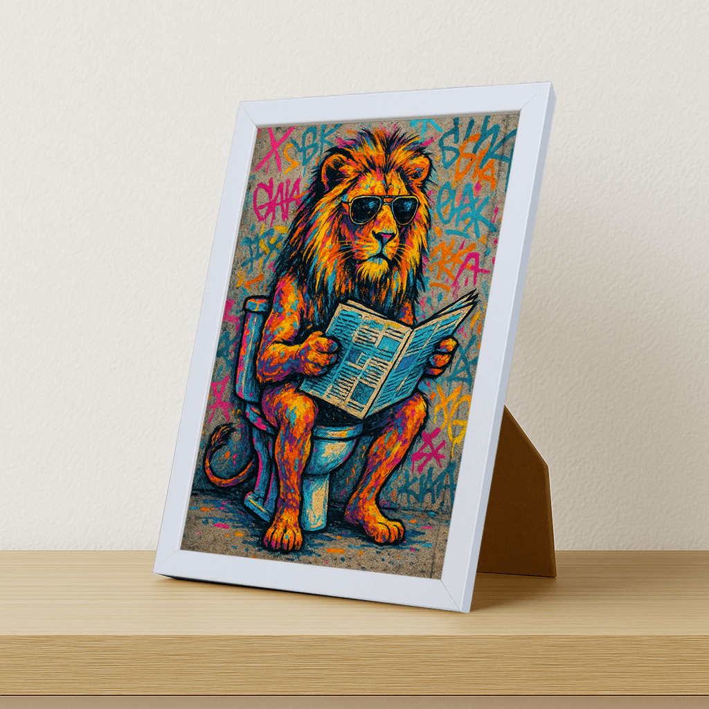 Leone WC stampato su forex, cornice portafoto bianco, misura 21x29.7