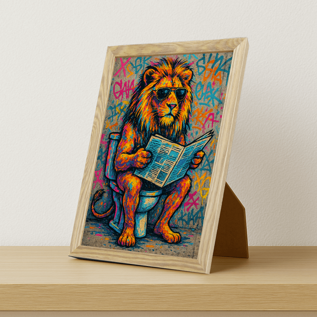 Leone WC stampato su forex, cornice portafoto legno, misura 21x29.7