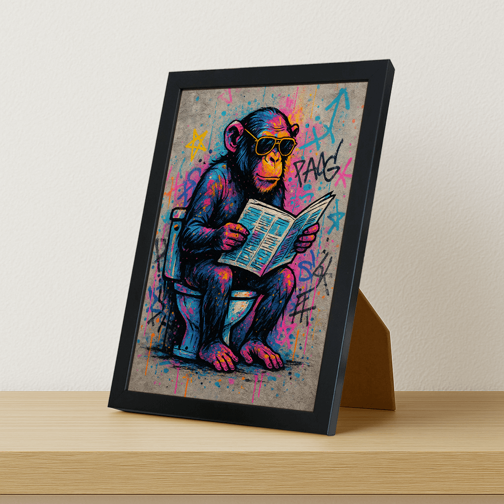 Scimmia WC stampato su forex, cornice portafoto nero, misura 21x29.7