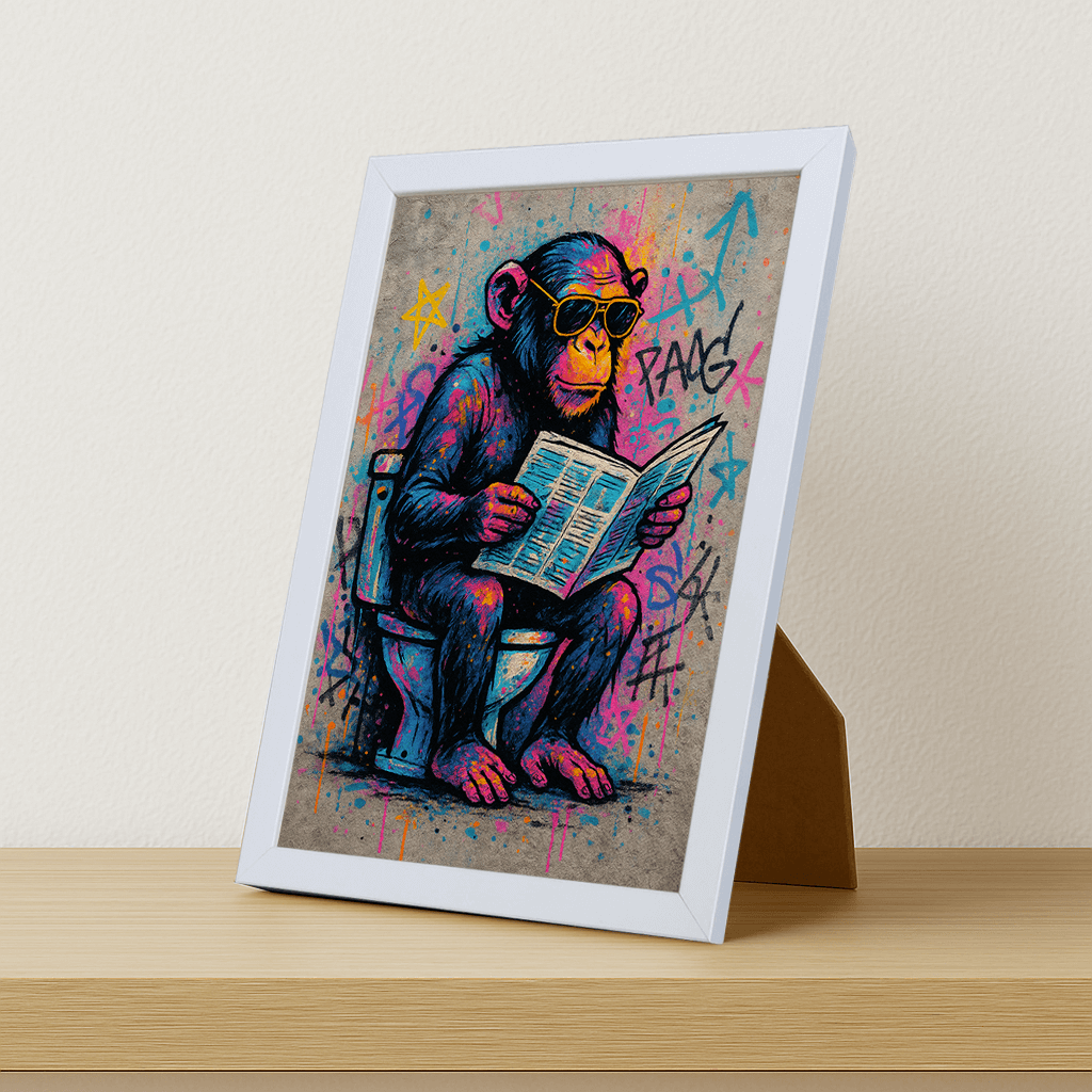 Scimmia WC stampato su forex, cornice portafoto bianco, misura 21x29.7