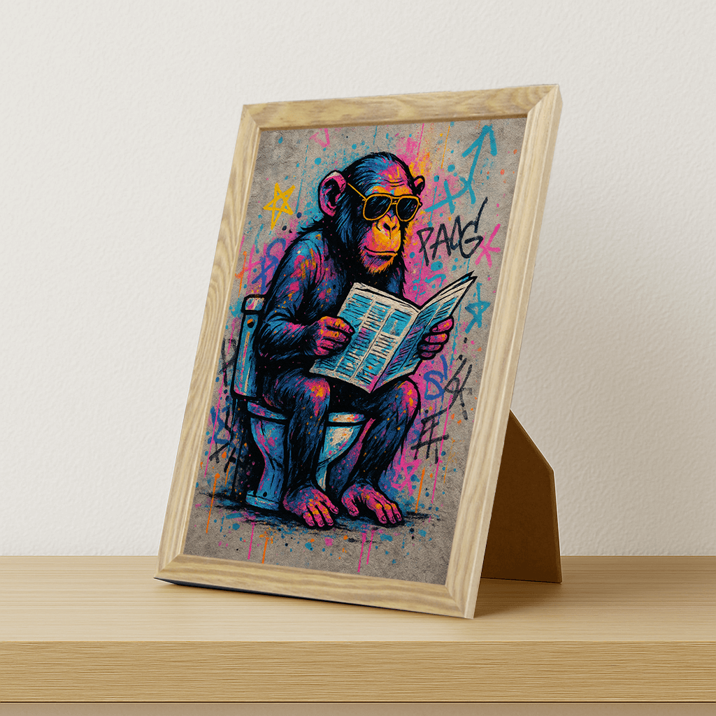 Scimmia WC stampato su forex, cornice portafoto legno, misura 21x29.7