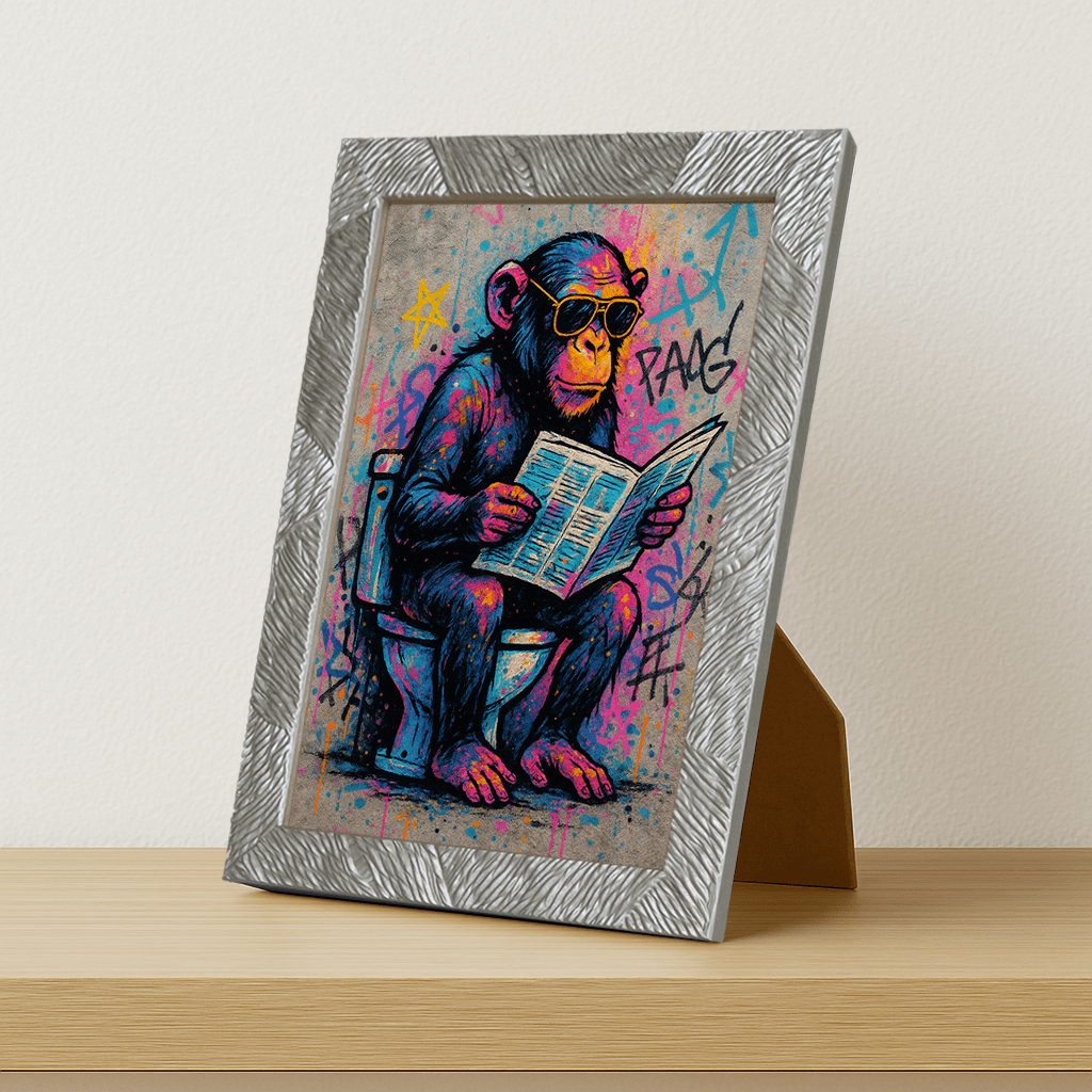 Scimmia WC stampato su forex, cornice portafoto argento, misura 21x29.7