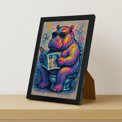 Ippopotamo WC stampato su forex, cornice portafoto nero, misura 21x29.7