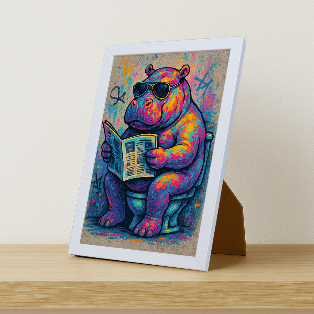 Ippopotamo WC stampato su forex, cornice portafoto bianco, misura 21x29.7