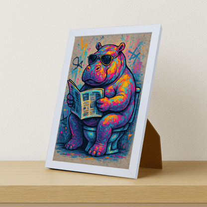 Ippopotamo WC stampato su forex, cornice portafoto bianco, misura 21x29.7