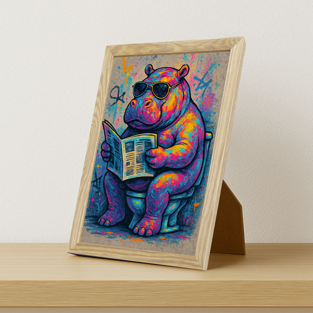 Ippopotamo WC stampato su forex, cornice portafoto legno, misura 21x29.7