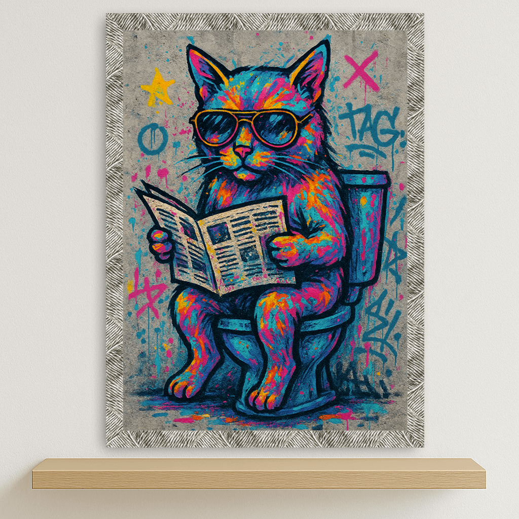 Gatto WC stampato su forex, cornice argento, disponibile in 30x40, 40x50 e 50x70 cm