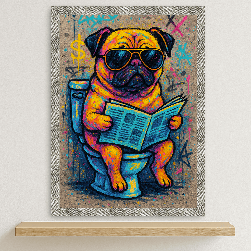 Carlino WC stampato su forex, cornice argento, disponibile in 30x40, 40x50 e 50x70 cm