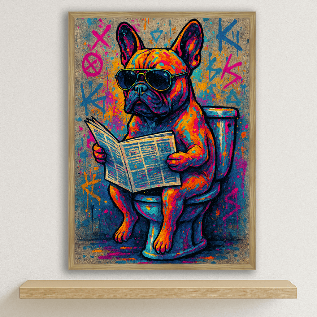Bulldog WC stampato su forex, cornice legno, disponibile in 30x40, 40x50 e 50x70 cm