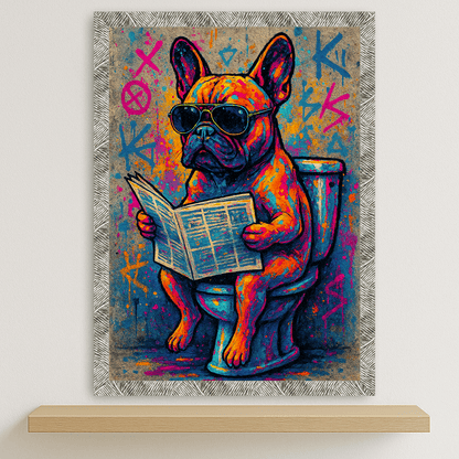 Bulldog WC stampato su forex, cornice argento, disponibile in 30x40, 40x50 e 50x70 cm