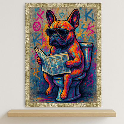 Bulldog WC stampato su forex, cornice oro, disponibile in 30x40, 40x50 e 50x70 cm