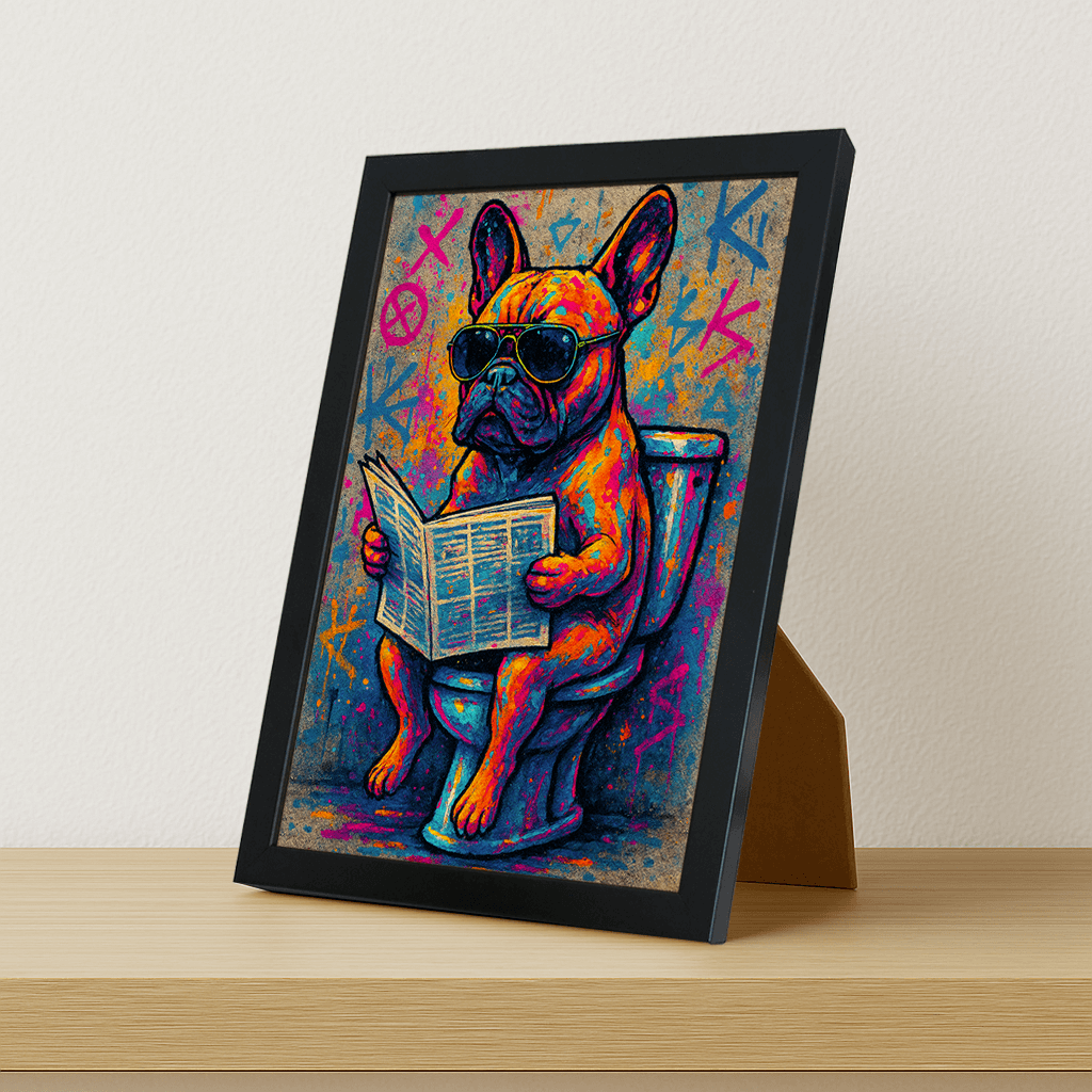 Bulldog WC stampato su forex, cornice portafoto nero, misura 21x29.7