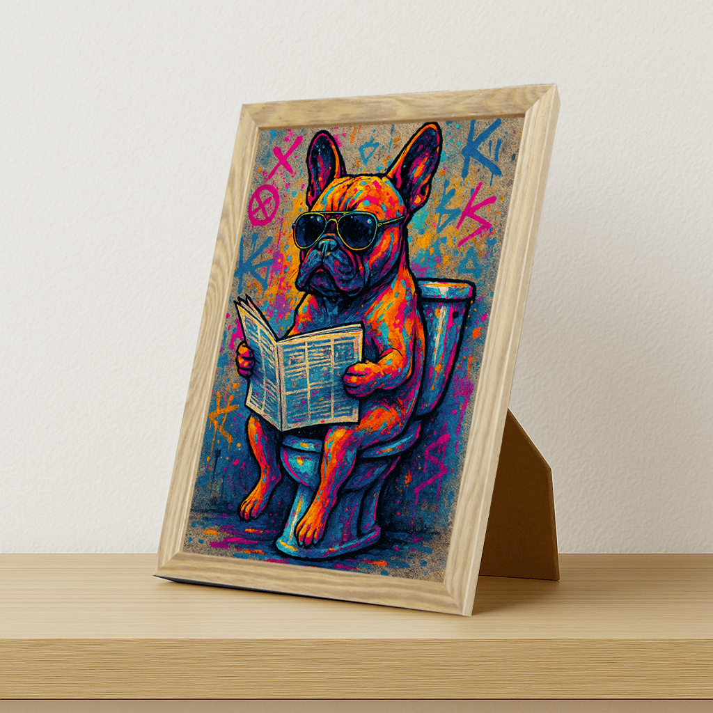 Bulldog WC stampato su forex, cornice portafoto legno, misura 21x29.7
