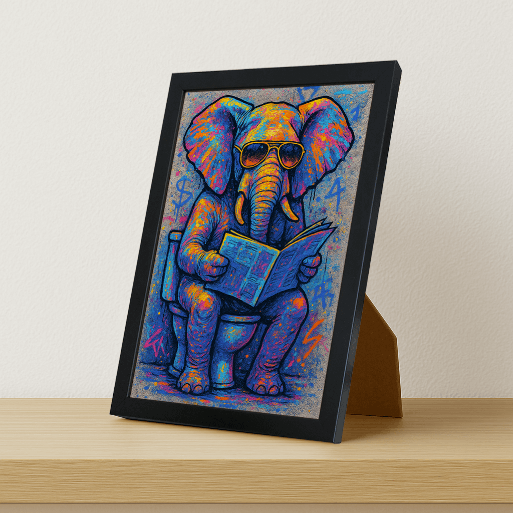 Elefante WC stampato su forex, cornice portafoto nero, misura 21x29.7